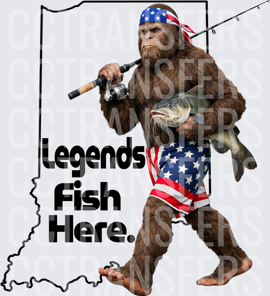 Legends Fish Here Bigfoot American Flag Indiana (DTF)
