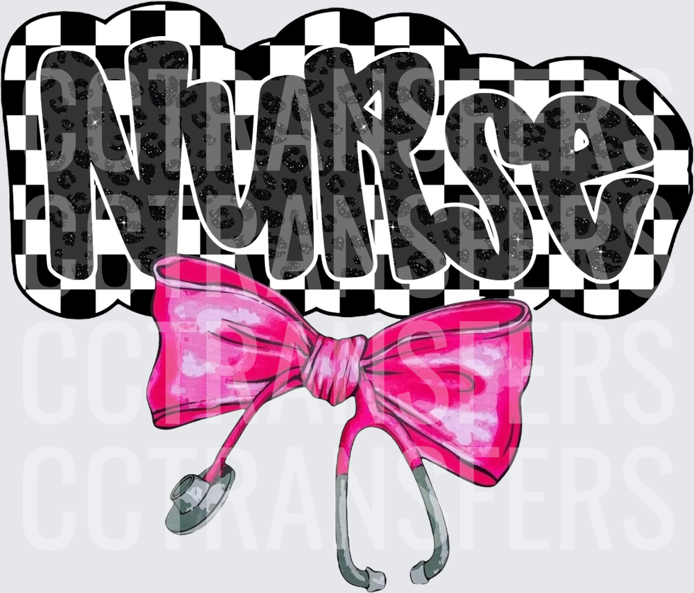 Nurse Leopard Checkered Pink Bow Stethoscope (DTF)