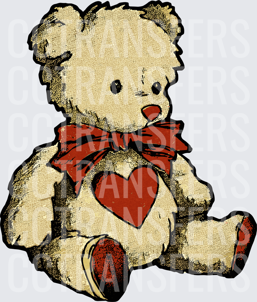 Vintage Teddy Bear Red Bow Heart Retro Illustration (DTF)