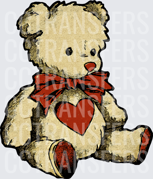 Vintage Teddy Bear Red Bow Heart Retro Illustration (DTF)