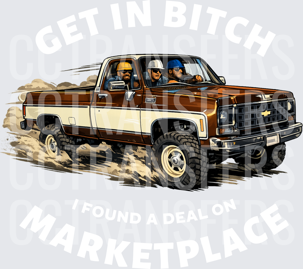 Three Construction Workers Riding Classic Square Body Pickup Truck Off-Road (DTF)