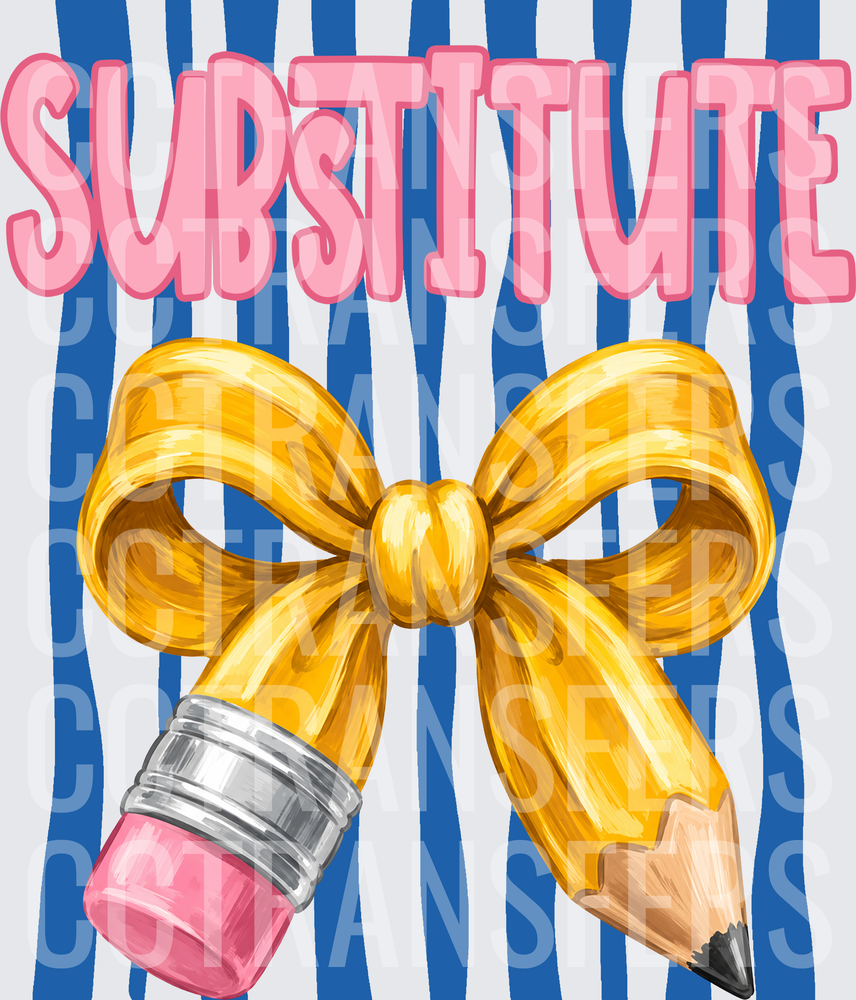 Substitute Pencil with Gold Bow Blue Stripes (DTF)