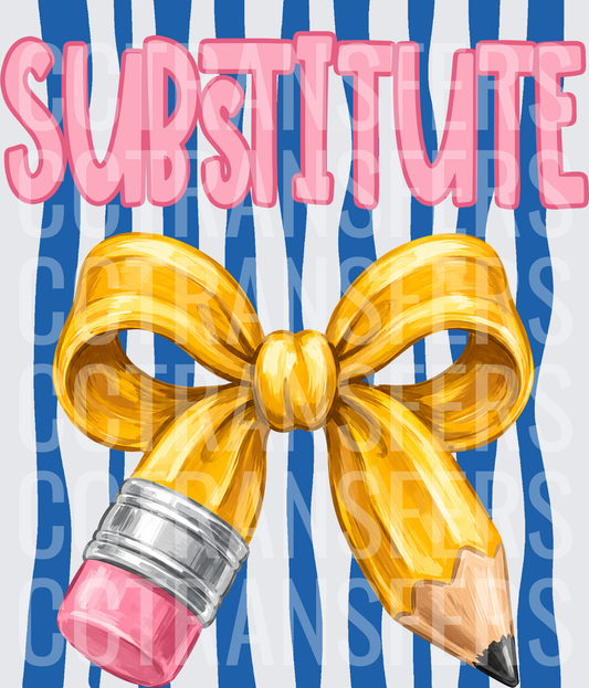 Substitute Pencil with Gold Bow Blue Stripes (DTF)
