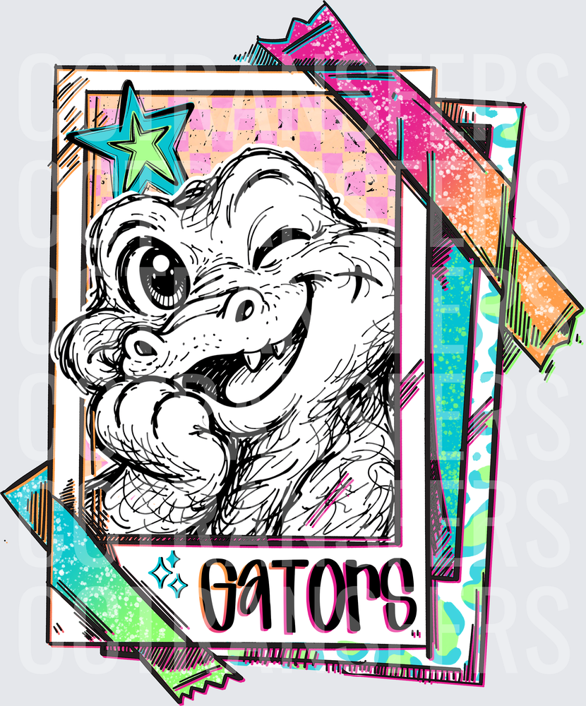 Retro Polaroid Gators Mascot Sketch Neon Card (DTF)