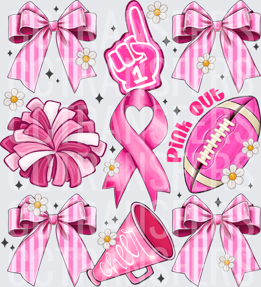 Pink Out Cheer Bow Ribbon Football Pom Pom Bundle (DTF)