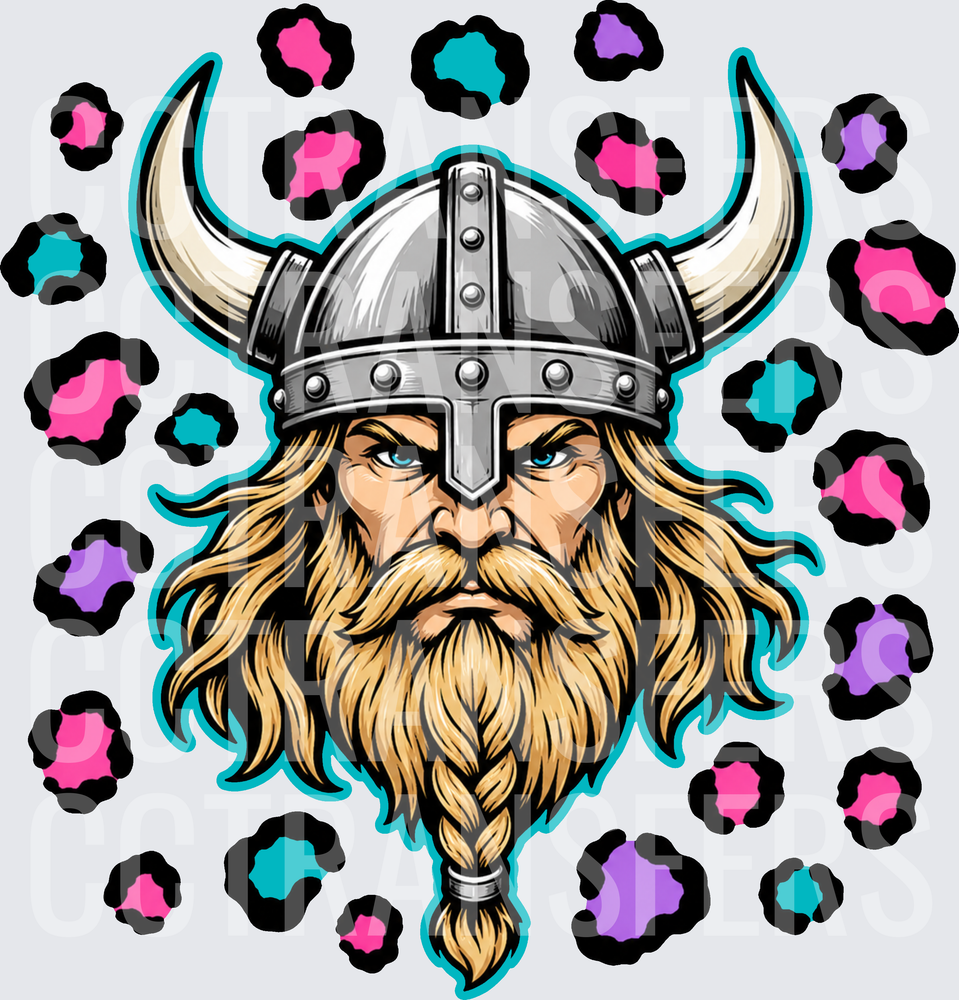 Fierce Viking Warrior Braided Beard Colorful Leopard Print (DTF)