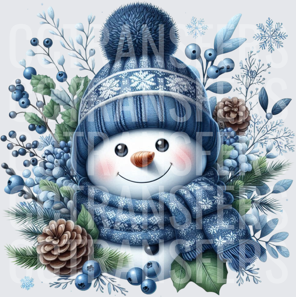 Cozy Snowman Blue Knit Hat Scarf Winter Botanicals (DTF)