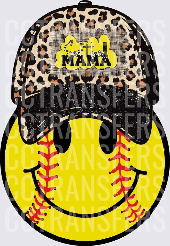 Softball Mama Smiley Face Leopard Print Cap (DTF)