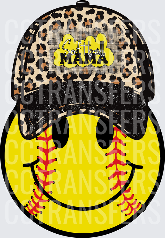 Softball Mama Smiley Face Leopard Print Cap (DTF)