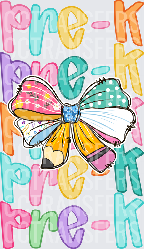 Pre-K Colorful Bow Pencil Stacked Typography (DTF)