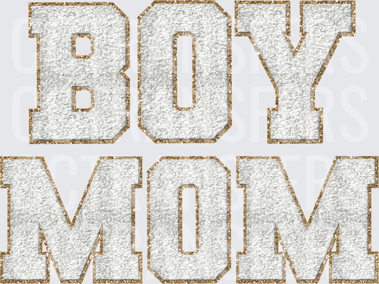 Boy Mom Varsity Letter Gold Glitter White Chenille (DTF)