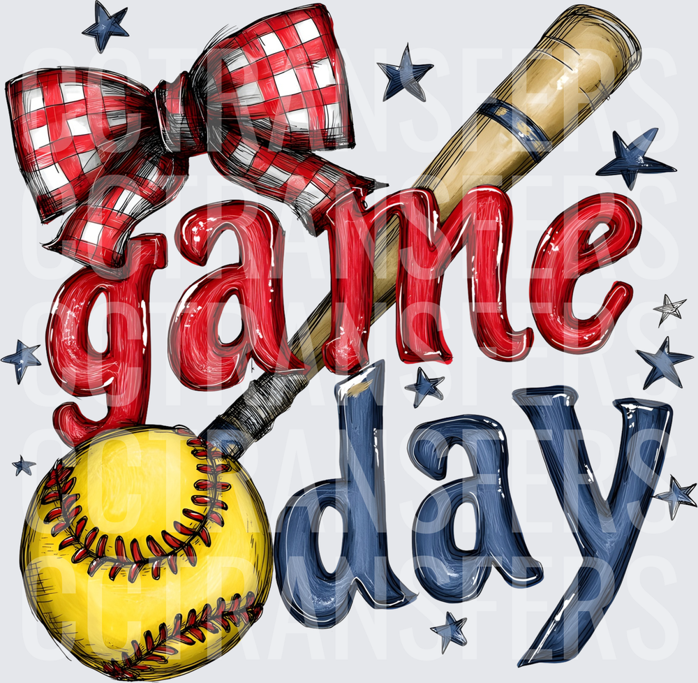 Game Day Softball Bat Red Plaid Bow Stars (DTF)