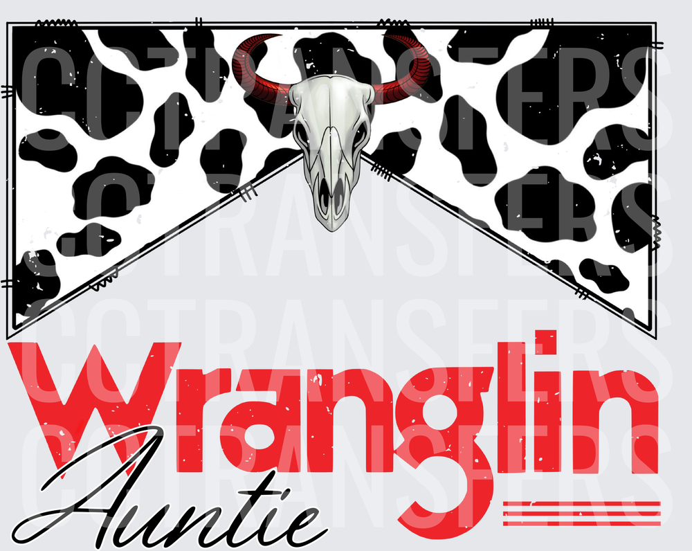 Wranglin Auntie Bull Skull Cow Print Western (DTF)