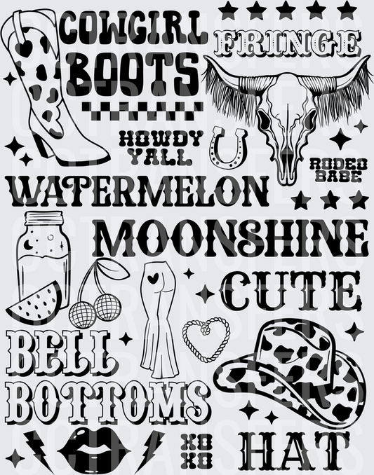 Cowgirl Boots Fringe Howdy Yall Rodeo Babe Watermelon Moonshine Bell Bottoms Cute Hat (DTF)