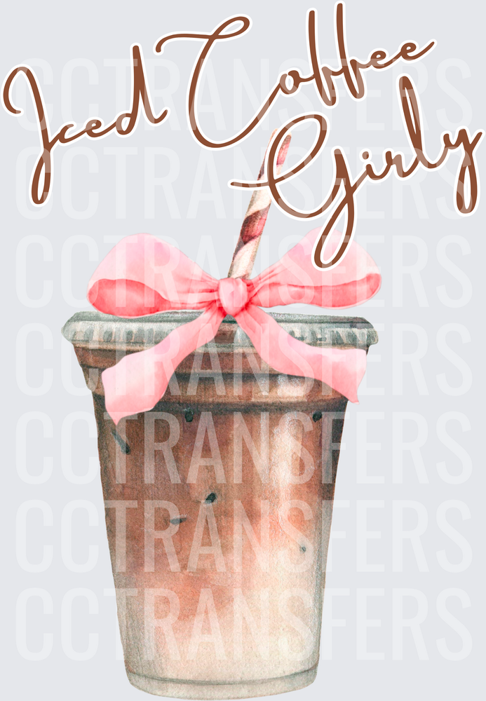 Iced Coffee Girly Watercolor Cup Pink Bow Straw (DTF)