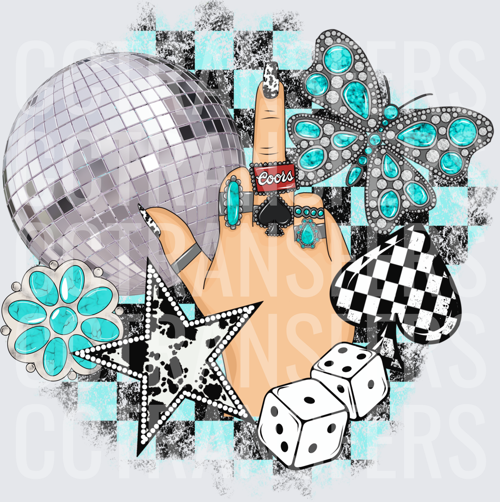 Boho Babe Hand Disco Ball Turquoise Rings Star Dice (DTF)