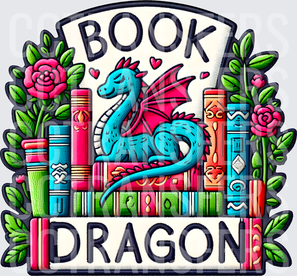 Book Dragon Cute Teal Dragon with Stacked Books and Roses (DTF)