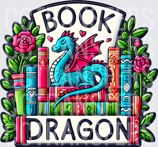 Book Dragon Cute Teal Dragon with Stacked Books and Roses (DTF)