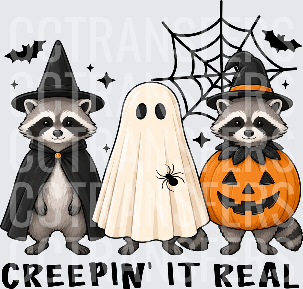 Creepin It Real Halloween Raccoon Trio Ghost Pumpkin (DTF)