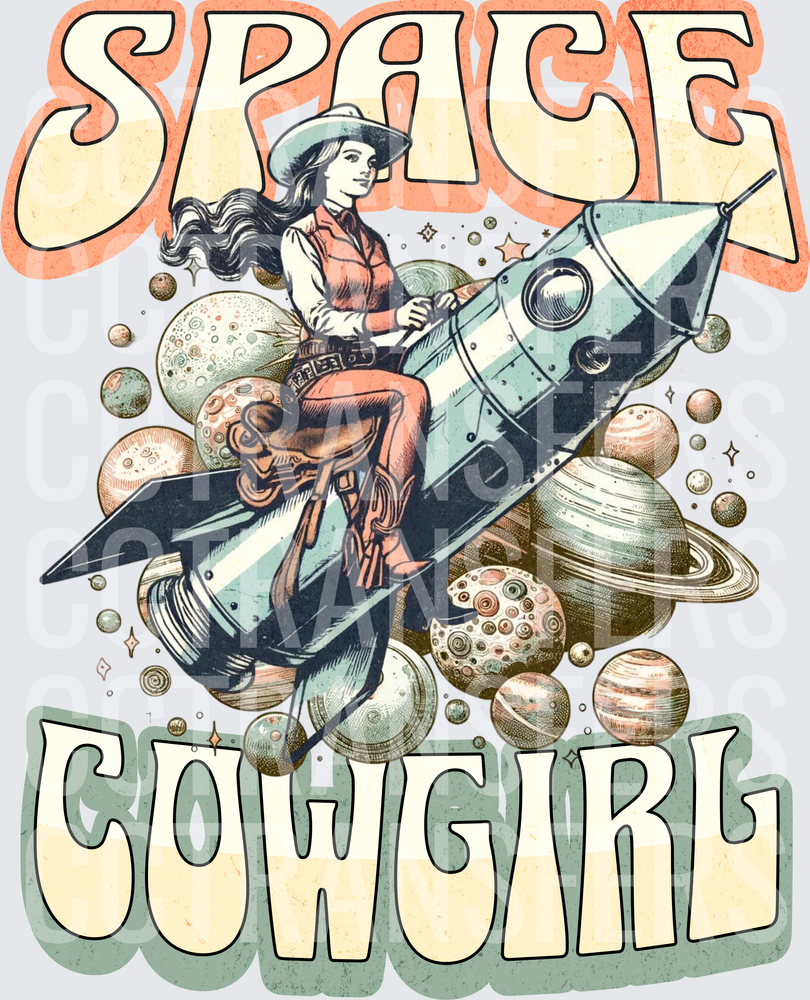 Space Cowgirl Retro Rocket Ride Planets Western (DTF)
