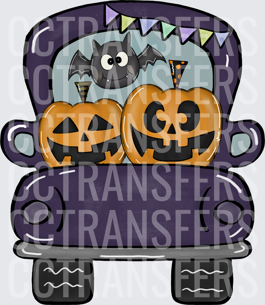 Purple Halloween Truck Jack-O-Lanterns Bat Pennant Flags (DTF)