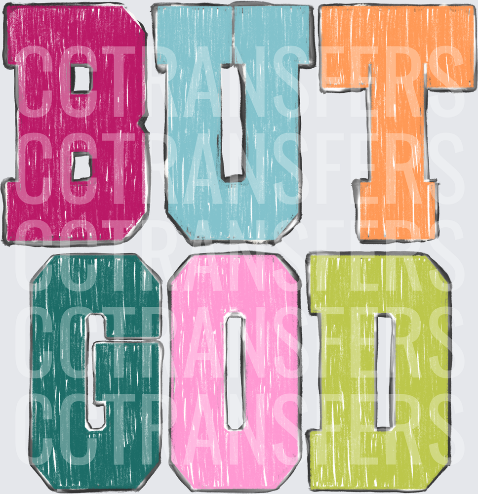 But God Bold Colorful Textured Block Letters (DTF)