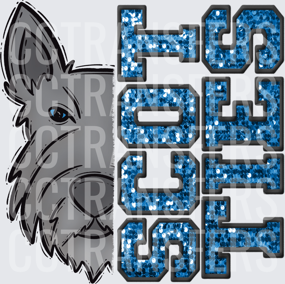 Scottie Dog Mascot Blue Sequin Varsity Letters (DTF)