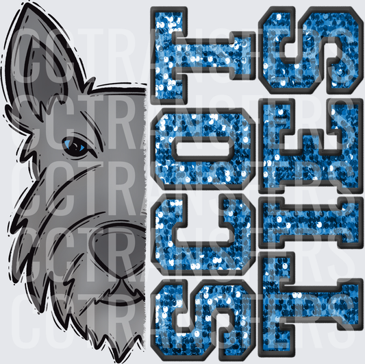 Scottie Dog Mascot Blue Sequin Varsity Letters (DTF)