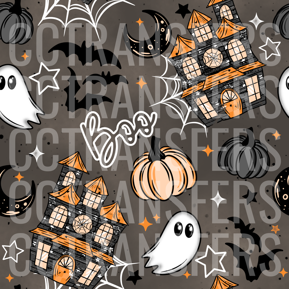 Halloween Boo Haunted House Ghosts Pumpkins Bats Pattern (DTF)
