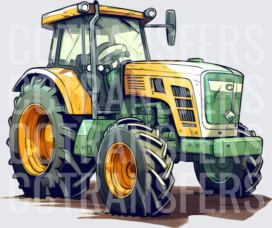 Cartoon Farm Tractor Yellow Green Heavy Duty (DTF)