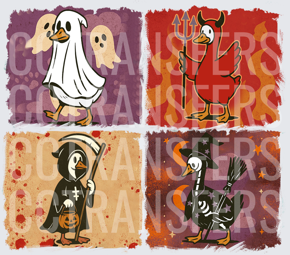 Halloween Ducks in Four Costumes Ghost Devil Reaper Witch (DTF)