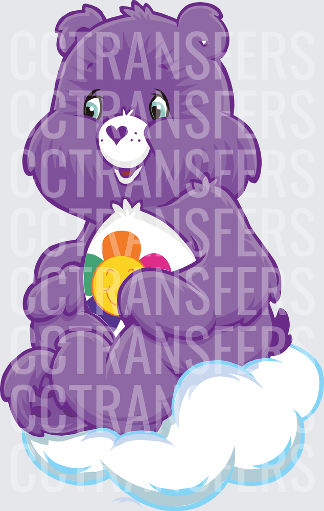 Purple Cartoon Bear Sitting on Cloud with Colorful Belly Badge (DTF)