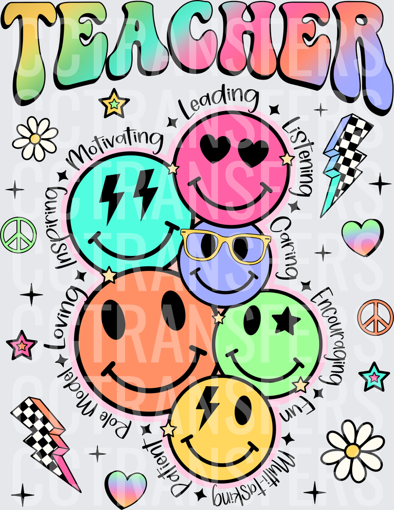 Teacher Retro Groovy Smiley Faces Inspirational Words (DTF)