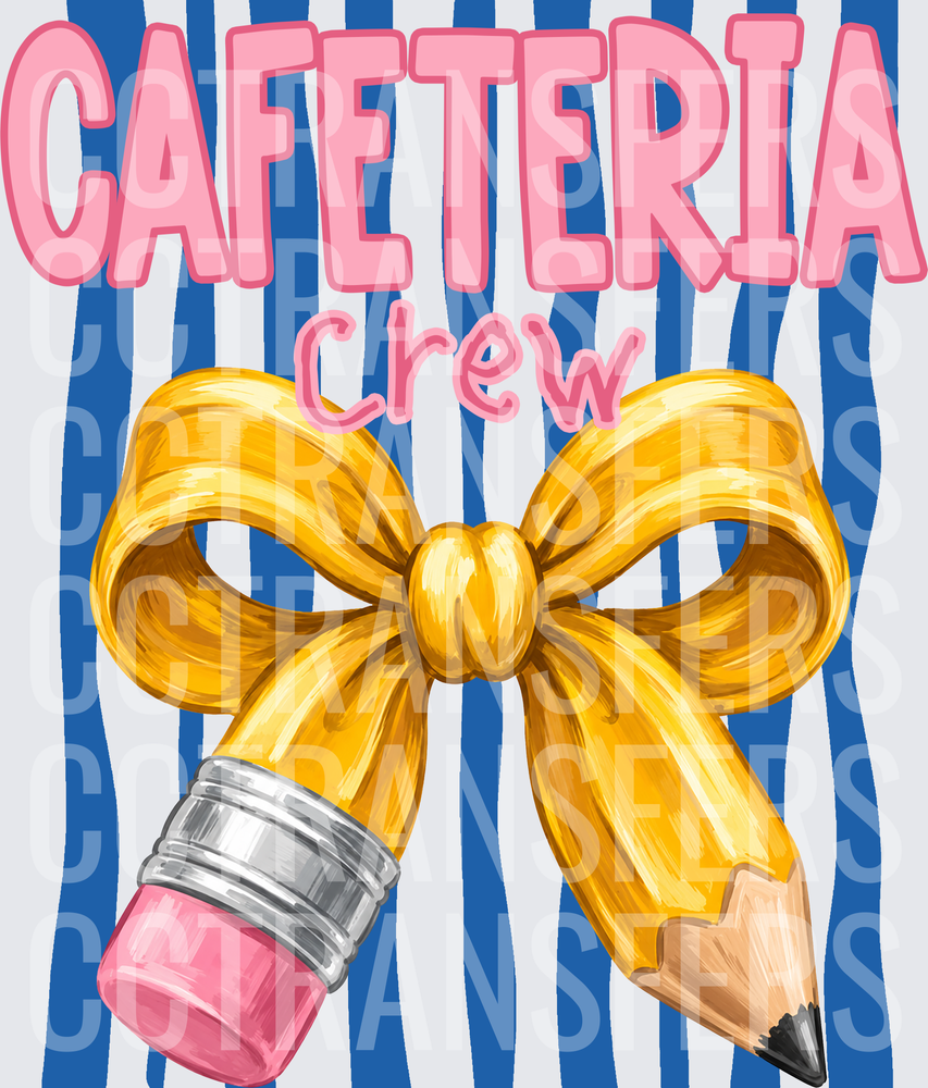 Cafeteria Crew Gold Bow Pencil Blue Stripe (DTF)