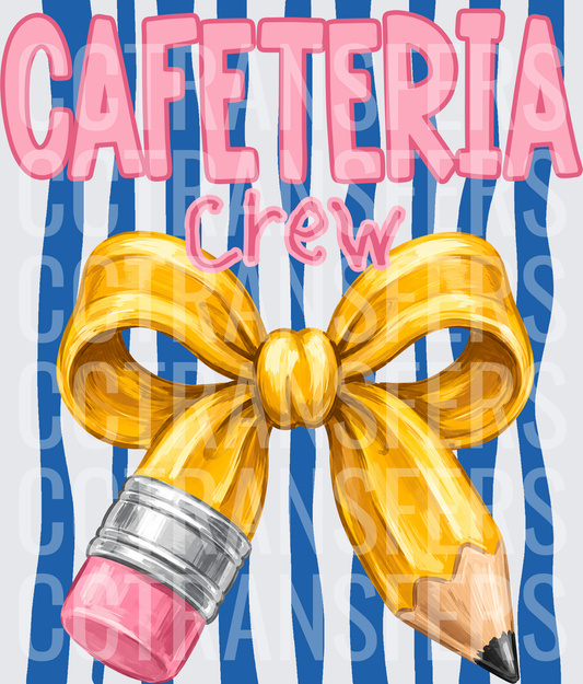 Cafeteria Crew Gold Bow Pencil Blue Stripe (DTF)