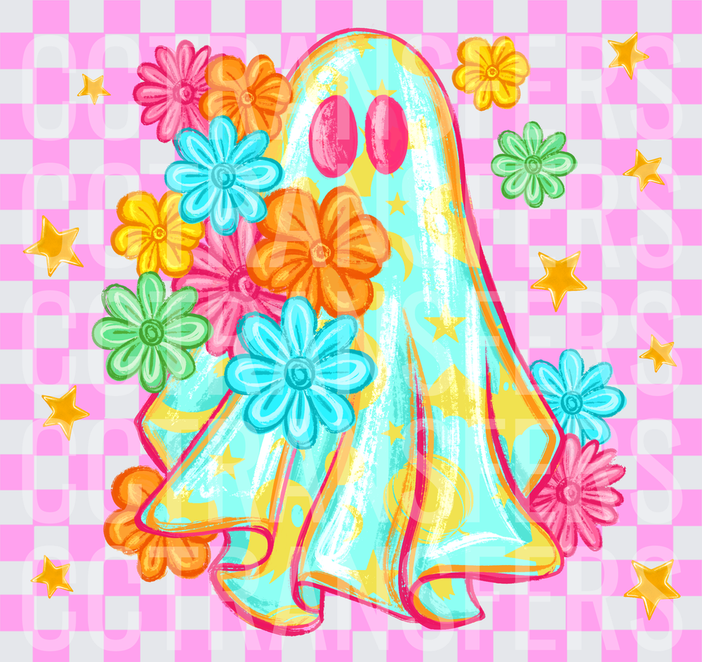 Groovy Floral Ghost Aqua Yellow Checkered Stars (DTF)