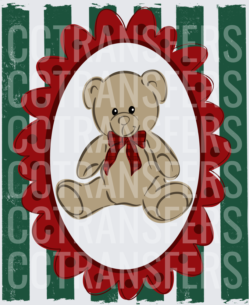 Christmas Teddy Bear Red Plaid Bow Oval Frame DTF