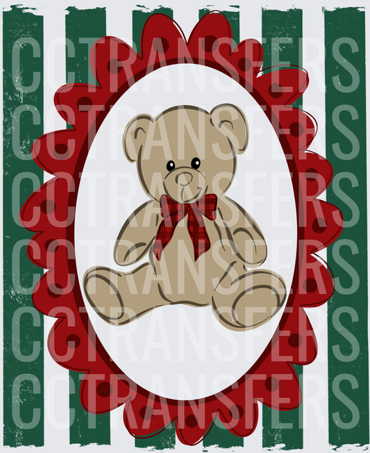 Christmas Teddy Bear Red Plaid Bow Oval Frame DTF