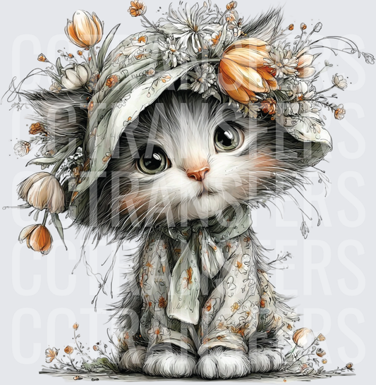 Whimsical Kitten Floral Bonnet Cottagecore Cat (DTF)