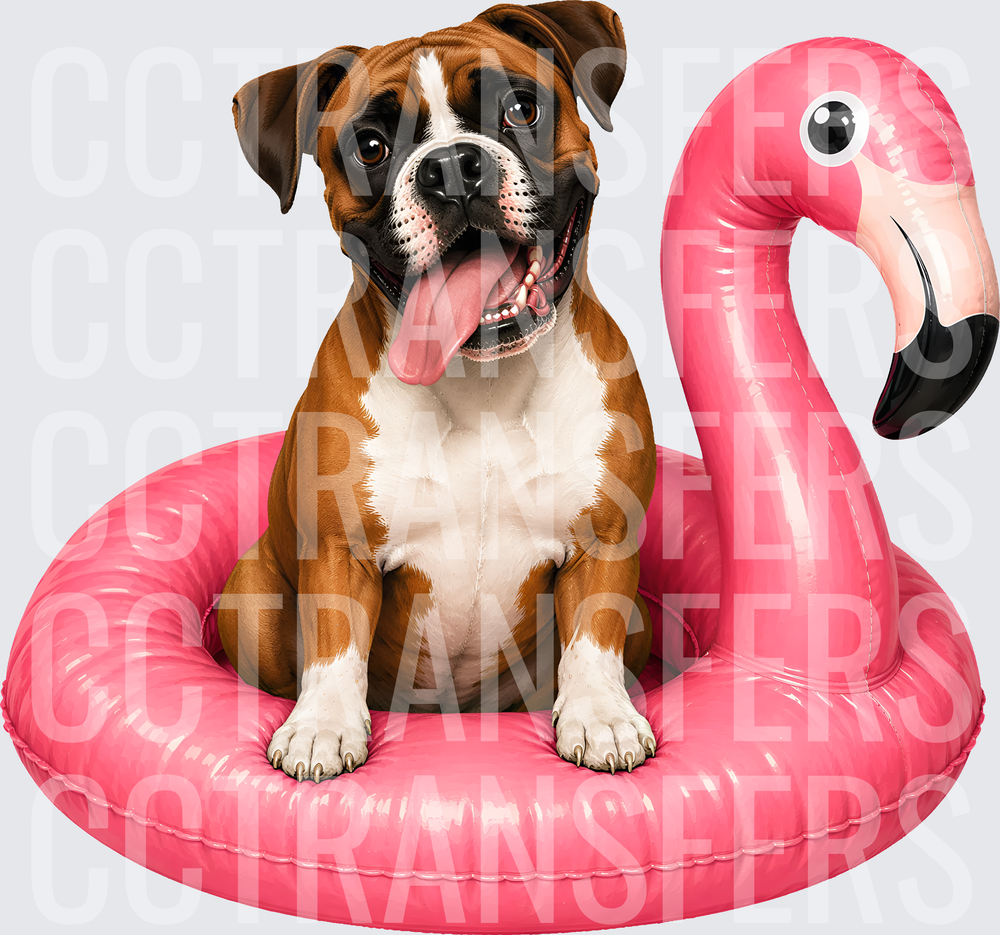 Happy Boxer Dog Sitting in Pink Flamingo Pool Float (DTF)