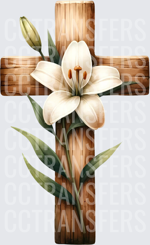 Wooden Cross with White Easter Lily and Bud (DTF)