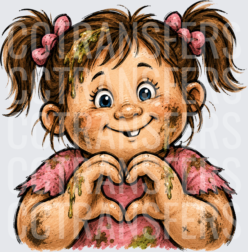 Muddy Little Girl with Pigtails Making Heart Hands (DTF)