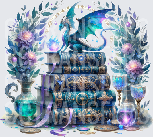 Teal Galaxy Dragon Atop Enchanted Books with Magic Goblets (DTF)