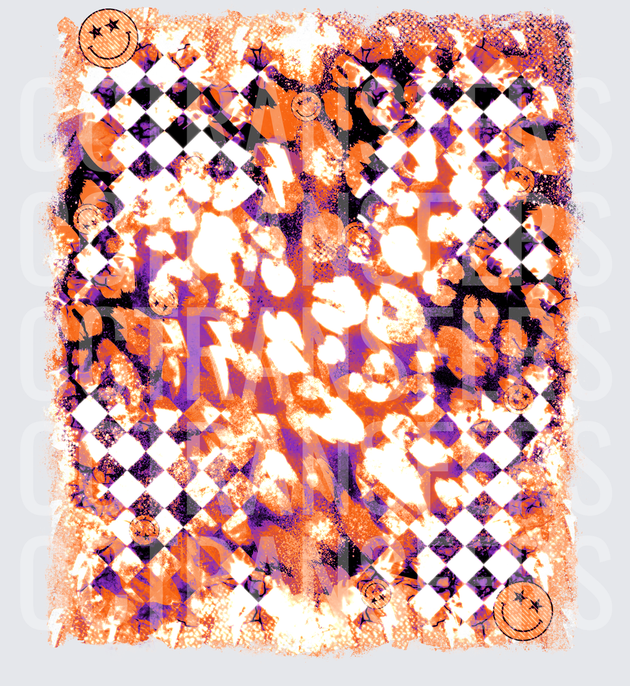 Orange Purple Leopard Checkered Smiley Face Grunge (DTF)