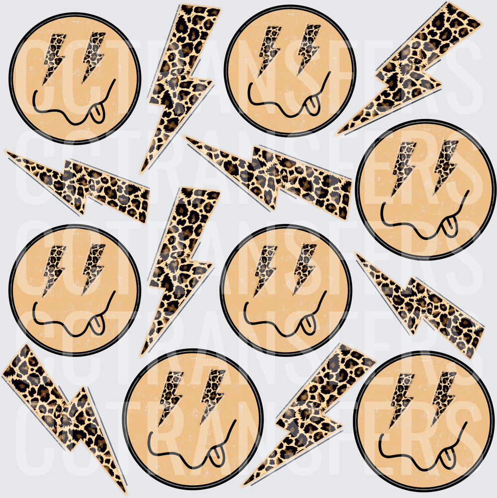 Leopard Print Lightning Bolt Smiley Face Tongue Out Gang (DTF)