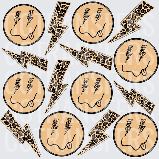 Leopard Print Lightning Bolt Smiley Face Tongue Out Gang (DTF)