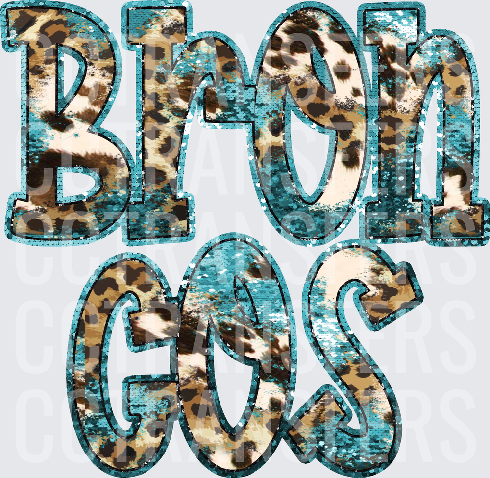 Broncos Teal Sequin Leopard Cowhide Letter Design (DTF)