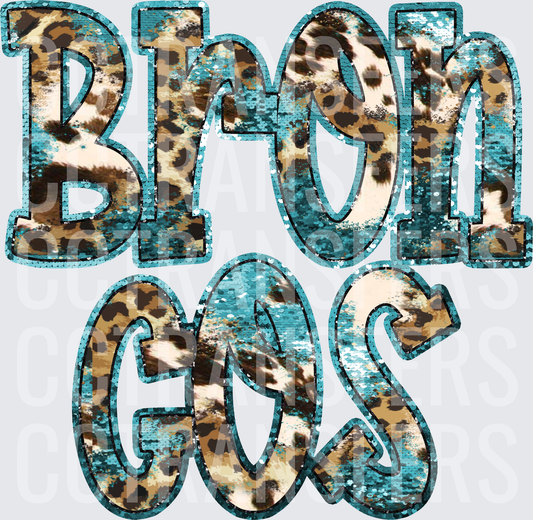 Broncos Teal Sequin Leopard Cowhide Letter Design (DTF)