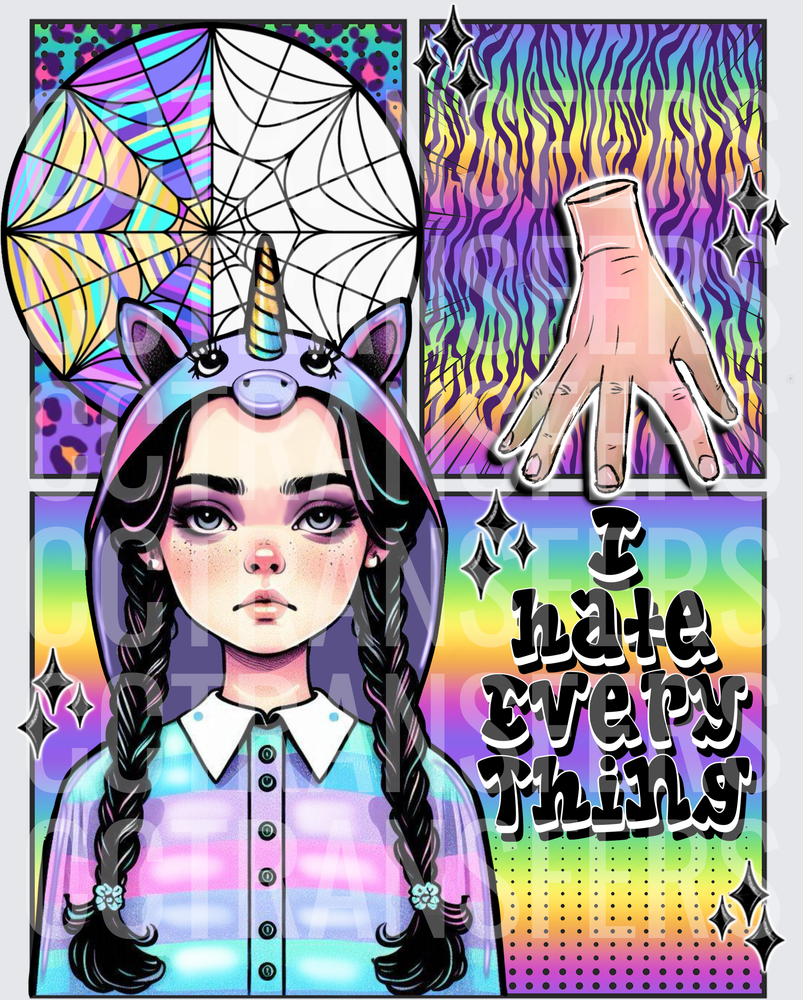 Wednesday-Inspired Girl Unicorn Hood I Hate Everything (DTF)