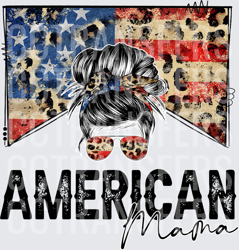 American Mama Messy Bun Leopard Flag (DTF)